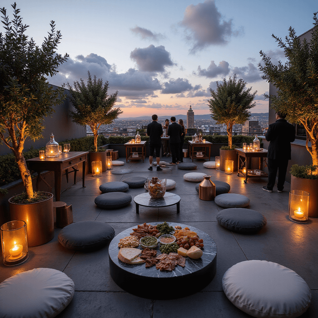 A chic rooftop cocktail party at dusk featuring modern low tables with plush floor cushions, sleek cocktail carts with copper bar tools, oversized lanterns, and a stunning grazing table with artisanal cheeses and fruits, set against a backdrop of twinkling city lights.