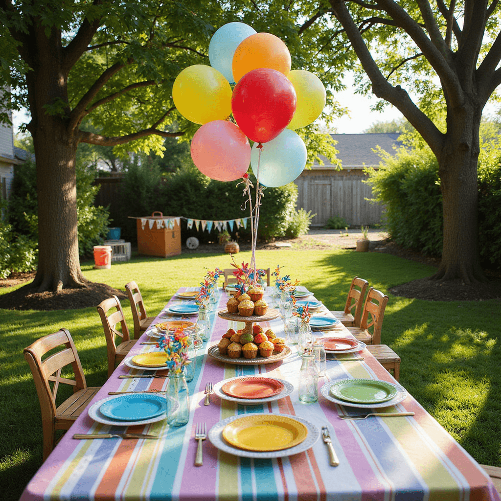 A whimsical children's birthday party in a sun-drenched backyard featuring a long picnic table with a striped tablecloth, colorful place settings, mason jars with fruit skewers, a tiered cupcake display with pinwheels, vintage suitcases as activity stations, and a 'Happy Birthday' banner between trees.
