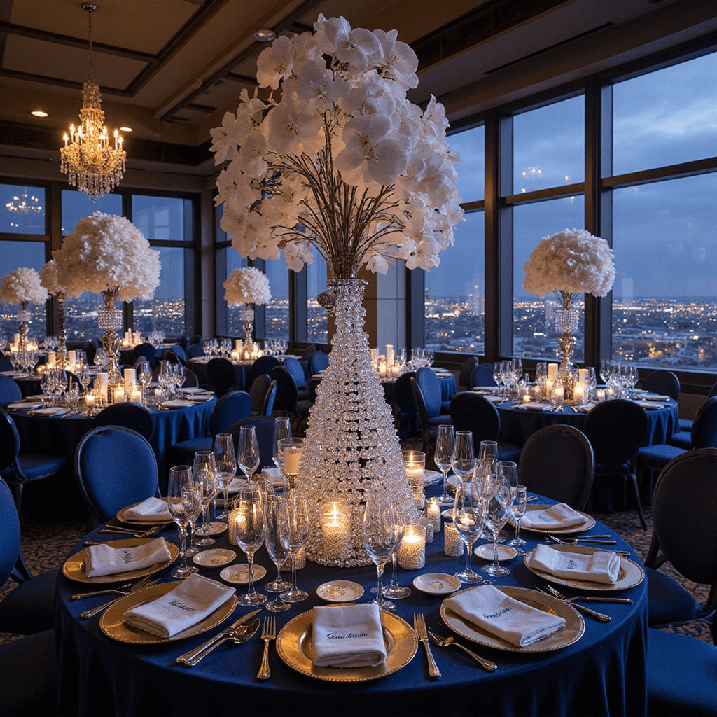 An opulent New Year's Eve dinner party in a grand ballroom featuring round tables draped in midnight blue velvet, adorned with elaborate centerpieces of white orchids and silver branches, gold charger plates, and a sparkling champagne tower, all illuminated by ornate silver candelabras against a backdrop of a cityscape ablaze with lights.