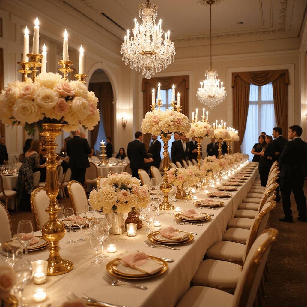 A grand ballroom elegantly set for a dinner party, featuring crystal chandeliers, ivory silk-draped tables, ornate gold candelabras, lavish floral centerpieces, and guests in evening wear mingling by a champagne tower.