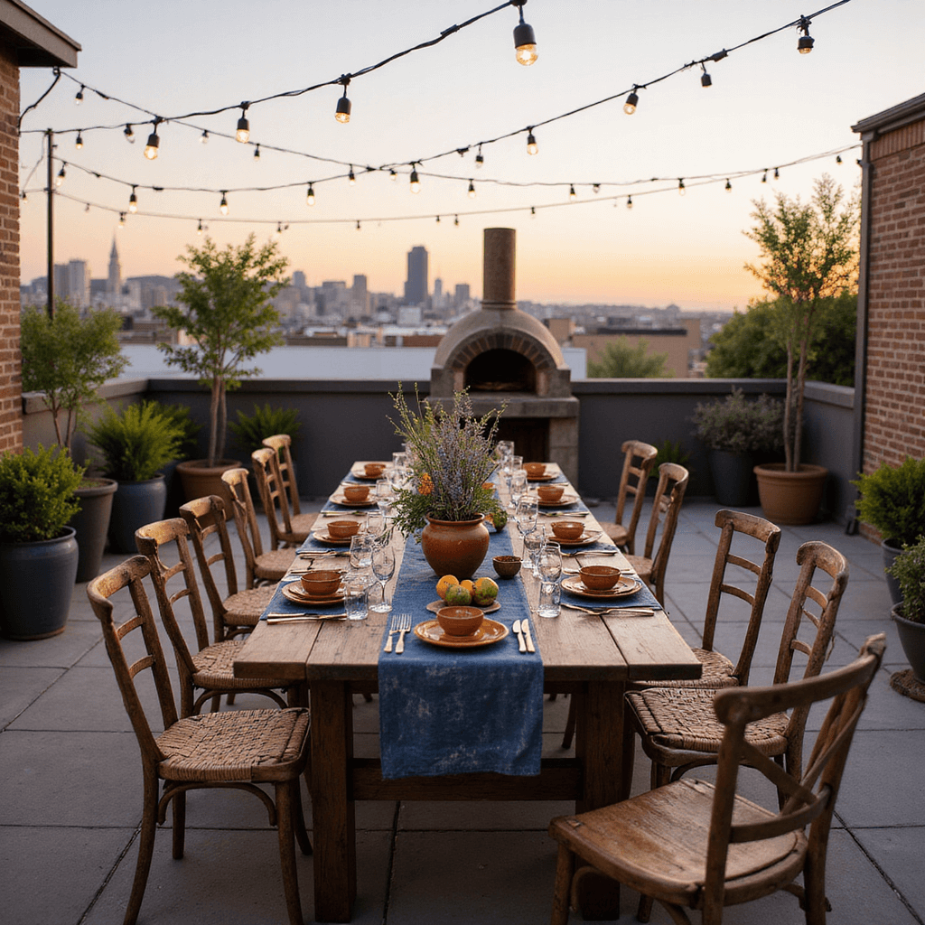 Intimate rooftop terrace at golden hour with string lights overhead, rustic farm table set for 12 with mismatched vintage chairs, hand-dyed indigo runners, terracotta plates, and brass cutlery. Centerpieces of olive branches, lavender, and citrus fruits in earthenware pottery, with a stone pizza oven in the background and a city skyline beyond, captured from a slightly elevated angle.