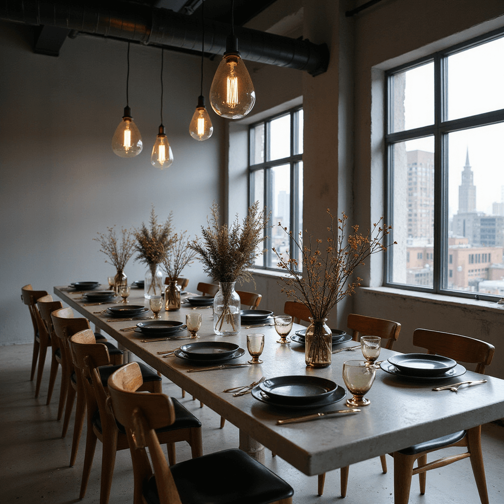 A modern minimalist dining setup in a sleek urban loft features a long concrete table with warm wood chairs, matte black plates, geometric brass cutlery, and smoky glass stemware, complemented by sculptural ikebana centerpieces in clear vases, with pendant lights and city lights visible through floor-to-ceiling windows, captured from an elevated angle.