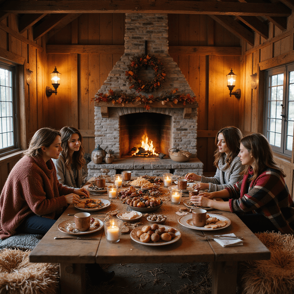 A wide shot of a rustic barn decorated for a cozy autumn gathering, featuring hay bales with chunky knit blankets, low wooden tables adorned with copper mugs of spiked cider, bowls of roasted chestnuts, and artisanal cheeses. Wreaths of dried leaves and berries hang from the beams, while lanterns and a crackling fire create a warm atmosphere as guests in plaid shawls enjoy the inviting setting.