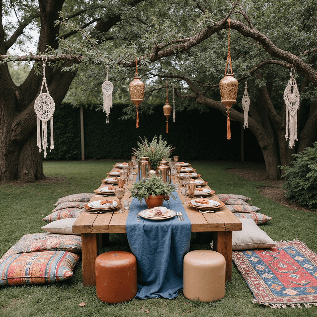 Dinner Party Aesthetic: Crafting Unforgettable Evenings of Style and Connection A boho chic backyard dinner party featuring a long reclaimed wood table adorned with a hand-dyed indigo runner, surrounded by eclectic floor pillows and low stools, with brass lanterns and terracotta pots of succulents. Macramé hangings and dream catchers are suspended from tree branches above, with colorful Moroccan rugs on the grass. Place settings include handmade ceramic plates, copper mugs, and vintage glassware, captured from a slightly elevated angle showcasing the lush surroundings and rich textures.