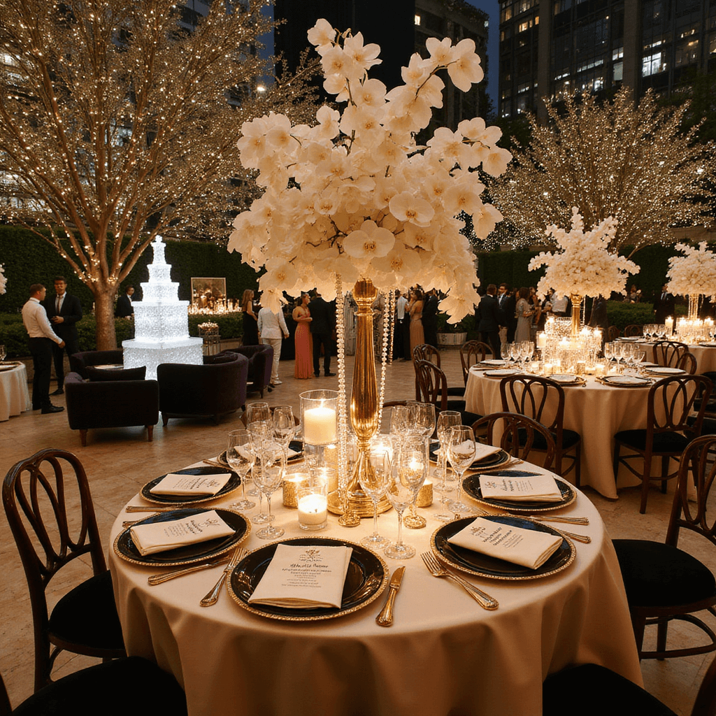 Garden Dinner Party: Your Ultimate Content Creation Guide An opulent New Year's Eve celebration on a marble terrace, adorned with twinkling lights, luxurious silk tablecloths, elegant centerpieces, and a grand ice sculpture caviar bar, capturing glamorous guests and a sparkling champagne tower in a luxurious setting.