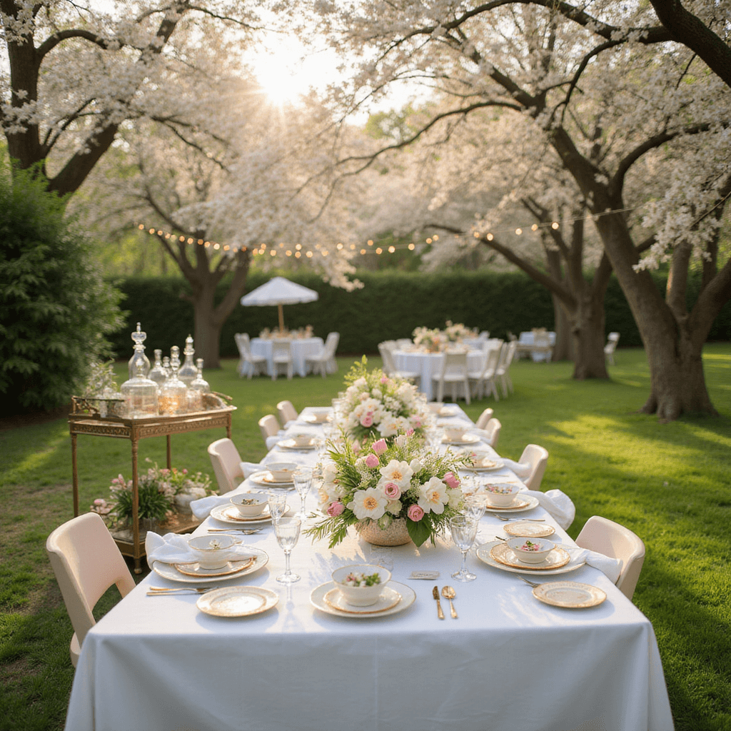 A charming spring garden party featuring a long white table under fairy lights, surrounded by cherry trees and adorned with blush pink and mint green decor, vintage vases of tulips and daffodils, and a stylish bar cart.