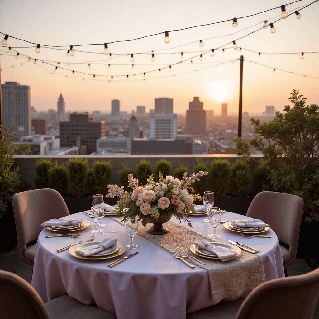 A rooftop dinner party at golden hour features a round table with a pale lavender tablecloth and vintage pastel china, complemented by modern matte gold flatware. A vibrant floral centerpiece with peonies and ranunculus sits atop the table, surrounded by plush velvet chairs. String lights overhead illuminate the scene against a dramatic city skyline backdrop.