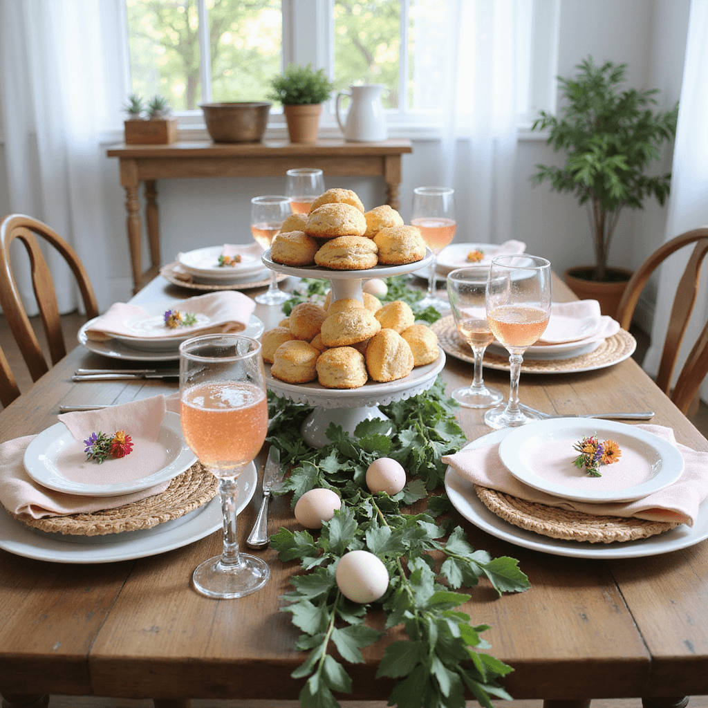A sunroom brunch scene featuring a rustic farmhouse table adorned with a eucalyptus table runner, pastel eggs, rattan chargers, white plates, blush pink napkins, a tiered cake stand of scones and macarons, and sparkling peach bellinis with edible flower garnishes, all illuminated by soft morning light.