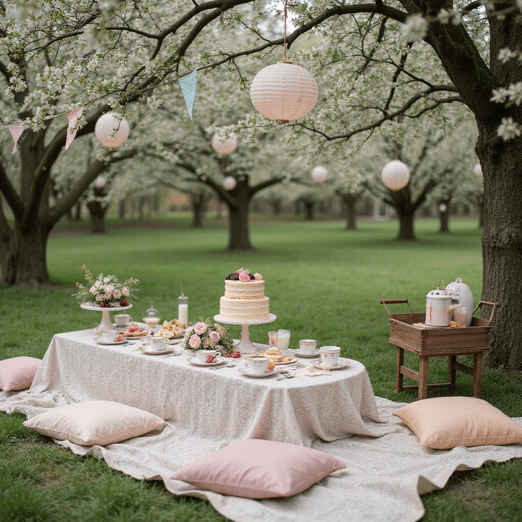 A whimsical outdoor tea party in a blooming orchard, featuring low tables draped in vintage lace, surrounded by plush floor cushions. Mismatched china teacups and tiered stands with finger sandwiches peek out, while paper lanterns and pastel bunting sway from the trees. A dessert cart displays a naked cake with fresh berries and flowers, captured in a wide-angle shot showcasing the enchanting garden setting.