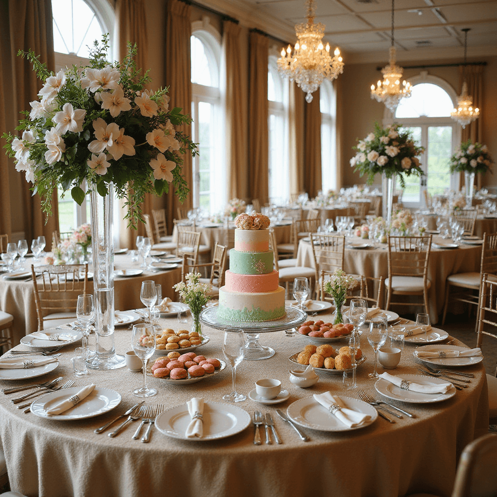 An opulent spring soirée in a grand ballroom with floor-to-ceiling windows, featuring champagne linens, towering floral arrangements, crystal chandeliers, elegant place settings, and a beautifully arranged dessert table of pastel macarons and a multi-tiered cake, captured from a dramatic low angle.