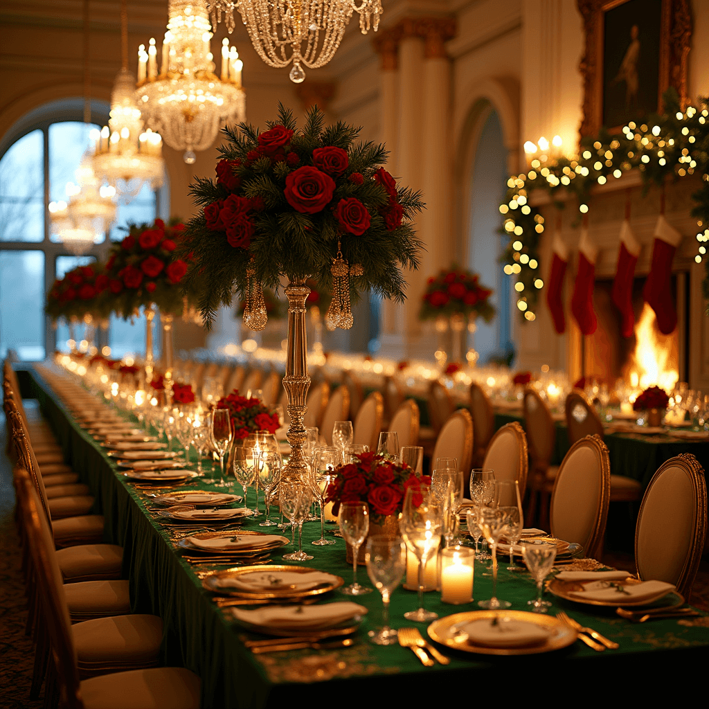 A lavish Christmas dinner party in an elegant ballroom, featuring long tables with emerald velvet runners, towering centerpieces of pine and red roses, gold charger plates, and candlelight illuminating guests mingling near a grand fireplace.