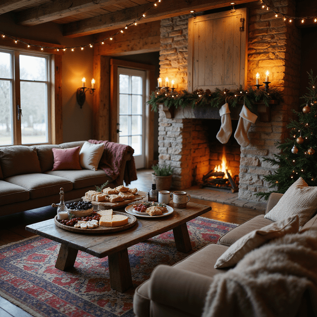 An intimate Christmas Eve gathering in a cozy farmhouse living room with twinkling fairy lights, mismatched vintage furniture, a coffee table laden with artisanal cheeses and gingerbread, a hot cocoa station with vintage mugs, and a stone fireplace decorated with stockings and pine cones.