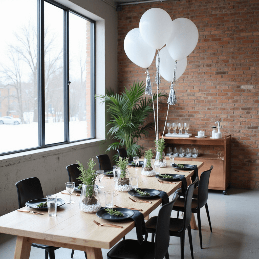 A modern minimalist Christmas brunch in a sleek urban loft with floor-to-ceiling windows, featuring a communal table with matte black plates, copper cutlery, and rosemary-tied napkins, geometric terrariums as centerpieces, a stylish copper bar cart, and oversized white balloons with silver tassels.