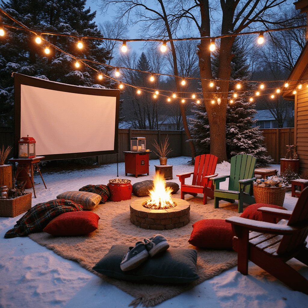 A whimsical outdoor Christmas movie night setup in a snow-dusted backyard, featuring oversized bulb lights, plush pillows, low tables on faux fur rugs, a large projection screen by frosted pine trees, vintage popcorn machines, hot chocolate stations, cozy plaid throw blankets, wicker baskets with warm hand warmers and slippers, and a crackling fire pit with colorful Adirondack chairs.