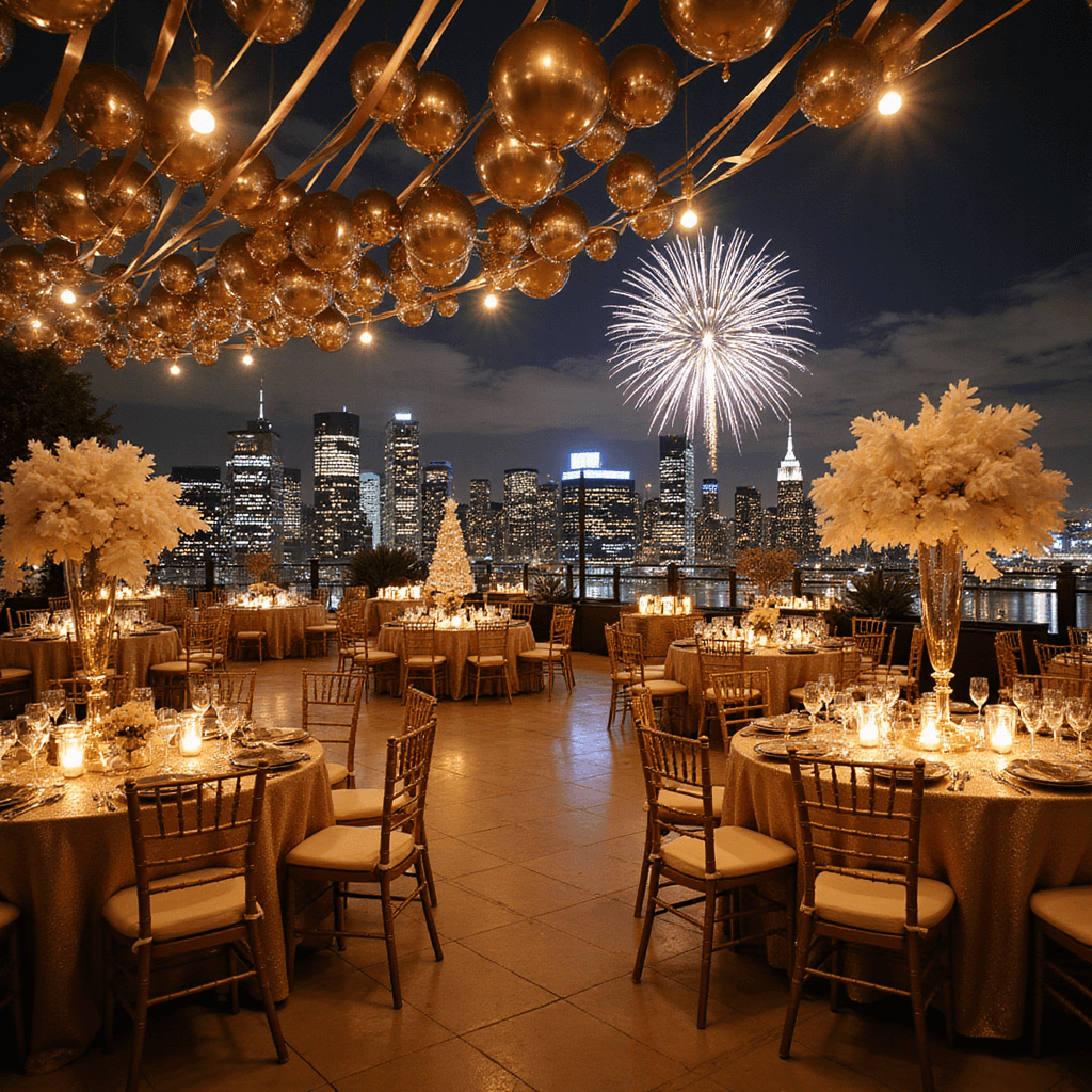 Opulent New Year's Eve dinner party on a rooftop terrace, featuring round tables with champagne-colored linens, towering floral arrangements, gold-rimmed place settings, a mirrored dance floor, ice sculptures as caviar bars, a champagne tower, and metallic decorations with a cityscape view.