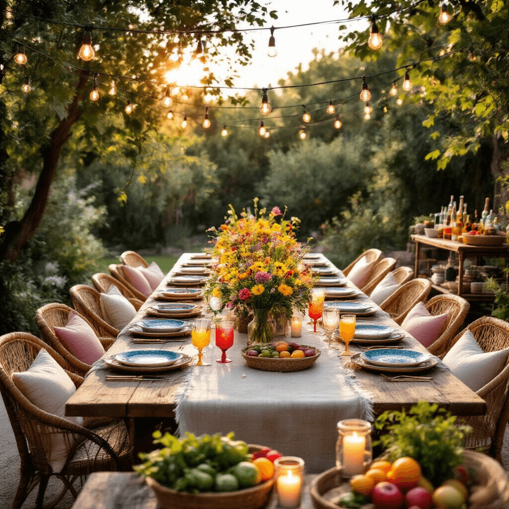 Effortless Summer Dinner Party: Your Ultimate Guide to Hosting a Pinterest-Perfect Evening A beautifully arranged bohemian backyard at golden hour featuring a long wooden table with vintage plates and wildflower centerpieces, surrounded by rattan chairs with pastel cushions, string lights overhead, a rustic bar cart with colorful cocktails, flickering candles in mason jars, and lush greenery in the background.