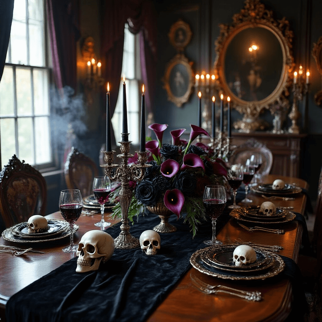 A dimly lit Victorian dining room set for an elegant Halloween dinner party, featuring a mahogany table with a black velvet tablecloth, silver candelabras with flickering black candles, a centerpiece of deep purple calla lilies and black roses, gold-rimmed black plates, crystal goblets of red wine, and personalized skull place cards, enveloped in ghostly fog.