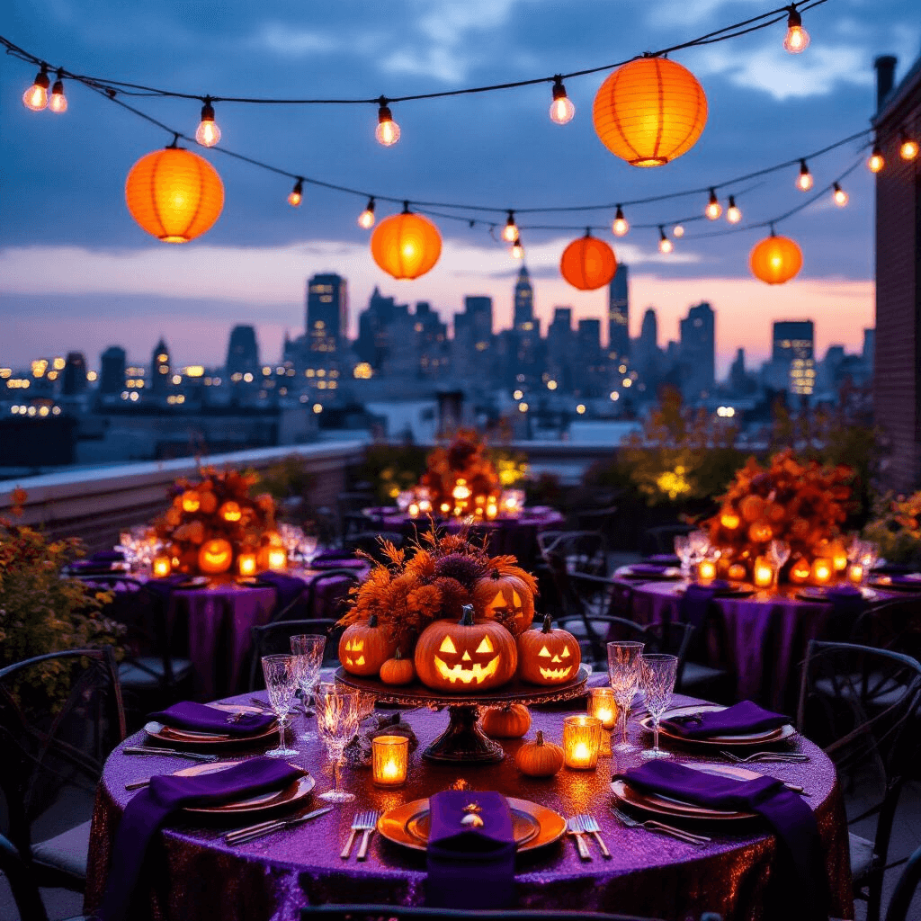 A cozy rooftop terrace decorated for Halloween at twilight, featuring string lights, black and orange lanterns, metallic tablecloths, carved pumpkins, and a dessert table with themed treats, with the city skyline glowing in the background.
