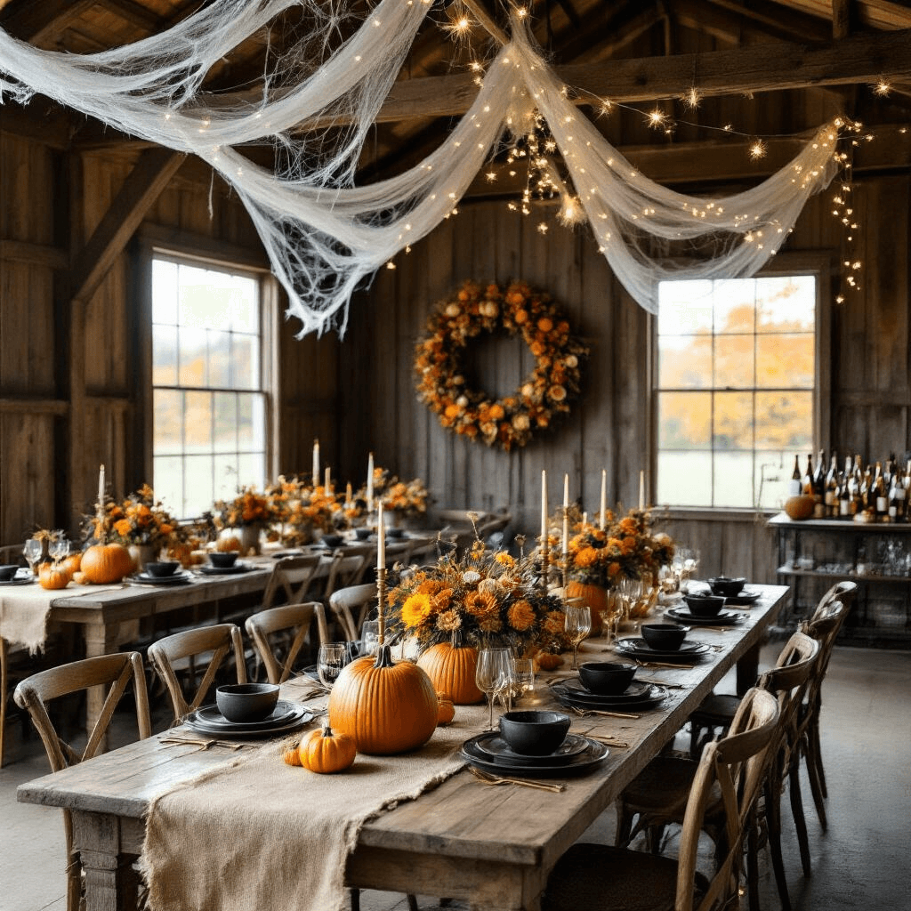 A rustic barn interior adorned for a chic Halloween harvest dinner, featuring exposed wooden beams with cobwebs and fairy lights, long farmhouse tables set with burlap runners and mismatched vintage chairs, hollowed-out pumpkins filled with flowers, and a bar cart with colorful cocktails and a cauldron of dry ice.