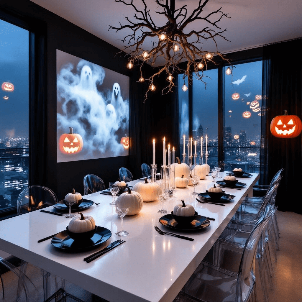 A sleek, minimalist Halloween dining setup in a modern loft with floor-to-ceiling windows, featuring a glossy white table, geometric black plates, and clear glass centerpieces with white pumpkins and floating candles, illuminated by a dramatic chandelier of branches and a projection of swirling mist with jack-o'-lanterns on a statement wall. Lucite ghost chairs and neon Halloween signs add contemporary flair.