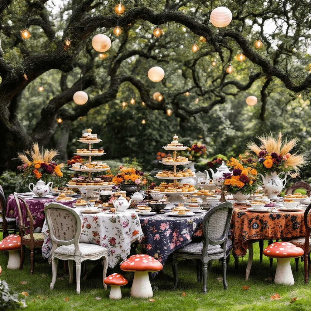 A whimsical Halloween afternoon tea party in a garden with mismatched vintage tables, jewel-toned tablecloths, fine china featuring Halloween designs, tiered cake stands with spooky pastries, floral arrangements in teapots, oversized toadstools, and string lights, all under gnarled old trees with a misty atmosphere.
