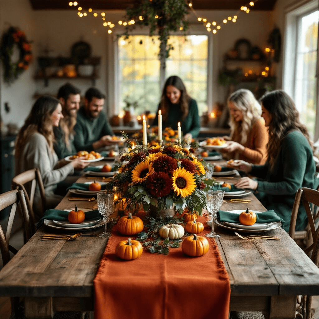 A cozy candlelit living room set for Friendsgiving, featuring a rustic wooden dining table with a burnt orange runner, forest green napkins, and gold cutlery. Mismatched vintage chairs surround the table, each with a small pumpkin place card. Fairy lights are strung overhead, illuminating a buffet table with steaming dishes, while friends in casual autumn attire laugh and serve food. The foreground highlights layered plates, crystal wine glasses, and a centerpiece of burgundy dahlias, yellow sunflowers, and eucalyptus in a hammered copper vase.
