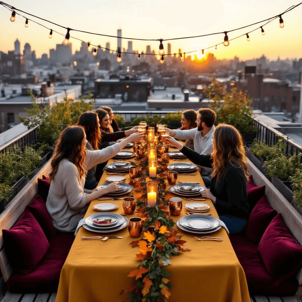 An elegant rooftop terrace set for Friendsgiving during golden hour, featuring a long farmhouse table with a mustard yellow linen cloth, mismatched china plates, and copper mugs. Friends are mid-toast under string lights, with a garland of autumn leaves and candles adding warmth to the scene against a city backdrop.