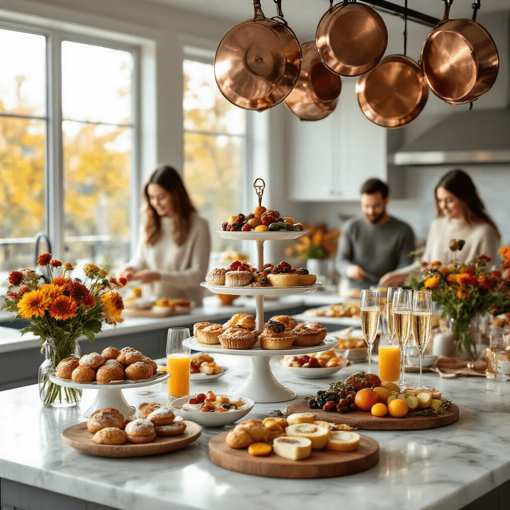 A stylish kitchen island set for a Friendsgiving brunch, featuring a white marble countertop adorned with pastries, fruits, and tiered cake stands, alongside a tower of champagne and rustic wooden boards. Soft morning light illuminates hanging copper pots, while friends in cozy sweaters prepare dishes in the background, and fresh autumnal flowers in bud vases add color to the scene.