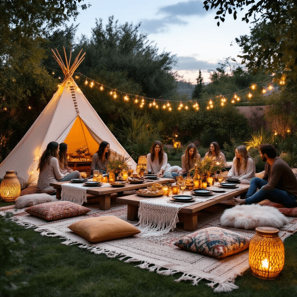 A cozy backyard Friendsgiving picnic at twilight featuring low tables with macramé runners, surrounded by colorful cushions and sheepskin throws, illuminated by rattan lanterns and candles. The tables are adorned with earthy ceramic plates, gold-rimmed glasses, and matte black cutlery. A teepee-style tent festooned with fairy lights serves as a dessert station, while friends relax comfortably in the lush garden setting.