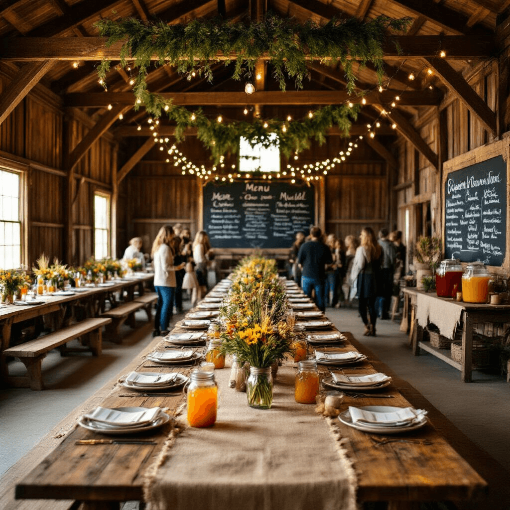 A rustic barn interior adorned with greenery and twinkling lights, featuring long trestle tables set for a Friendsgiving feast with burlap runners and vintage china, a chalkboard menu on the wall, a DIY photo booth, and friends mingling around a drink station with apple cider and mulled wine, all illuminated by warm golden lighting.