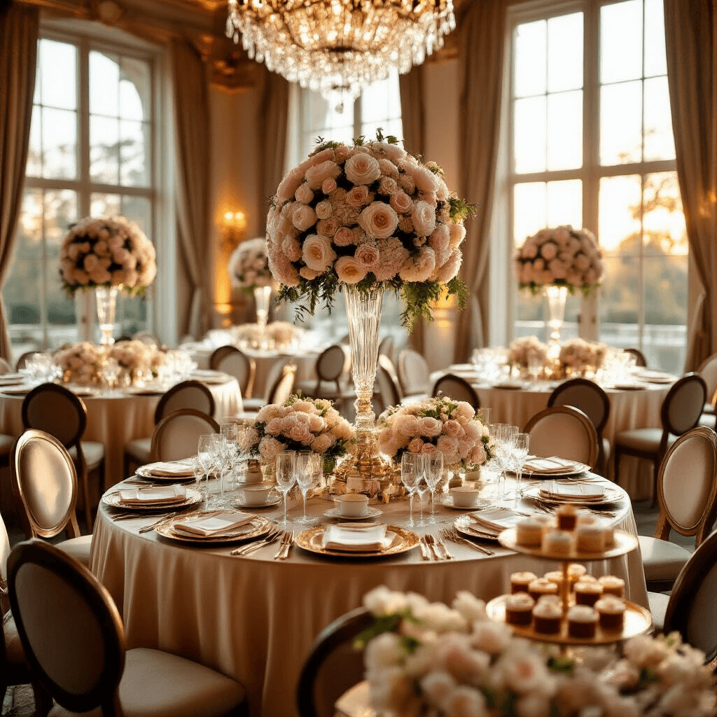A lavish dinner party in a grand ballroom, featuring round tables with champagne silk linens and floral centerpieces, crystal stemware, velvet chairs, and a dessert cart, illuminated by golden hour sunlight.