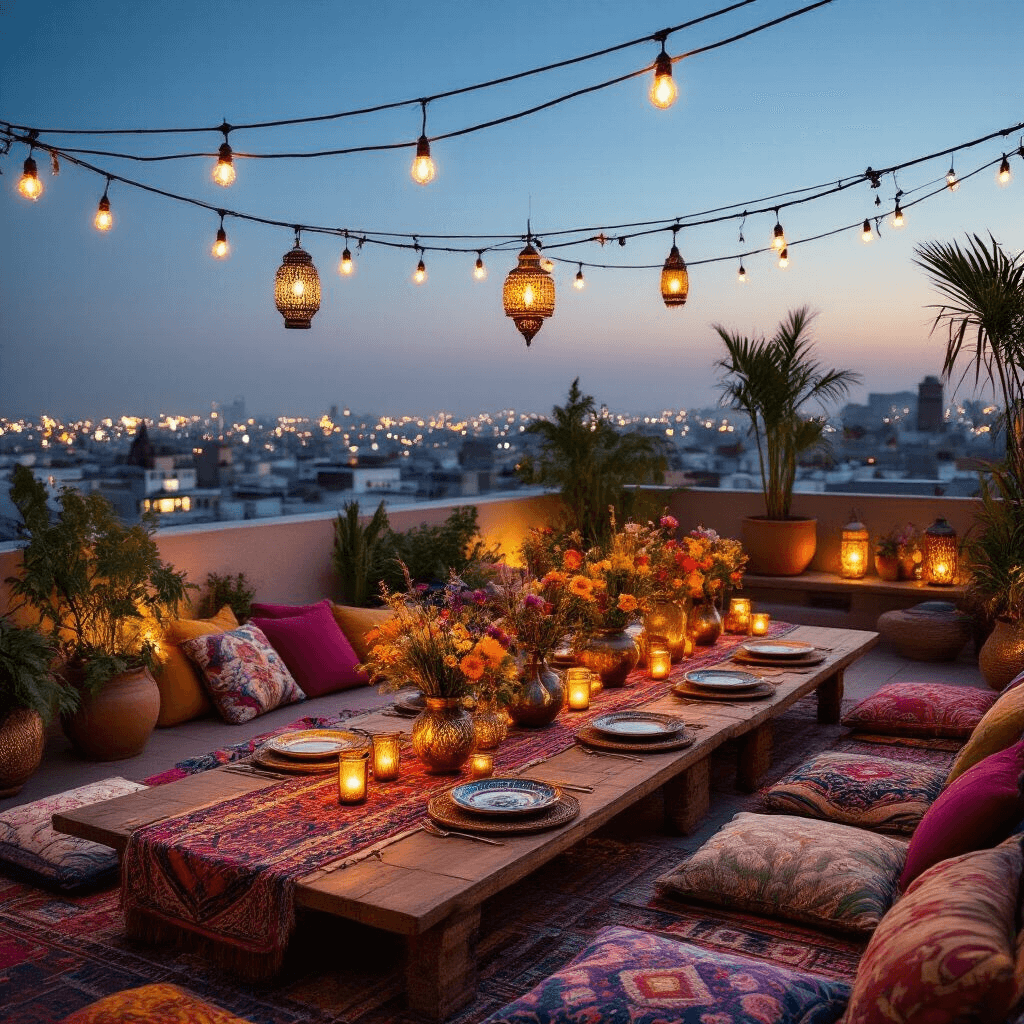A bohemian rooftop terrace adorned with string lights, low tables surrounded by colorful cushions, and vibrant candlelit centerpieces, set against a twinkling city skyline.