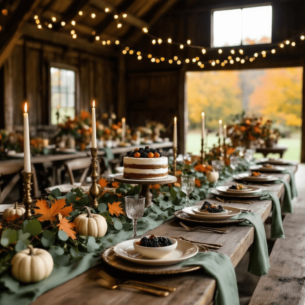 A cozy autumn celebration set in a rustic barn interior, featuring long wooden tables with sage green runners, eucalyptus and maple leaf garlands, brass candlesticks with flickering candles, and a dessert table with a naked cake decorated with fresh figs and blackberries, all illuminated by fairy lights.