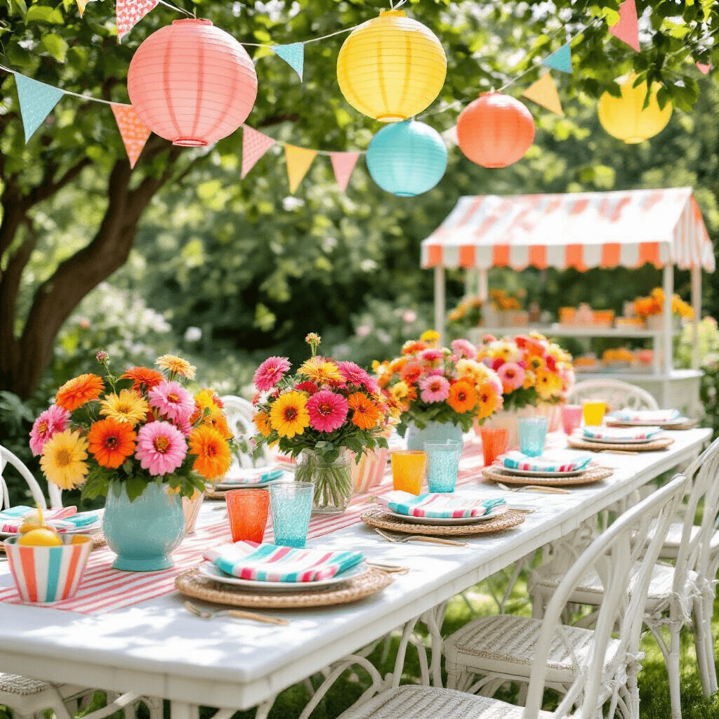 A vibrant garden party scene featuring white iron tables with crisp linens, coral and turquoise napkins, and colorful centerpieces of zinnias, dahlias, and sunflowers. Bright paper lanterns and bunting hang overhead, while vintage pastel glassware and wicker chargers add charm. A lemonade stand with a striped awning is visible in the background, all captured in soft, natural light.