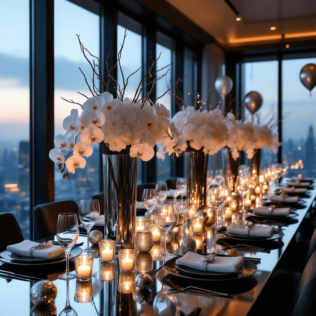 An elegant New Year's Eve dinner setting in a modern penthouse, featuring a mirrored table adorned with votives and mercury glass ornaments, white orchids, silver-painted branches, and crystal champagne flutes, with floor-to-ceiling windows displaying city views and a 'Happy New Year' banner.