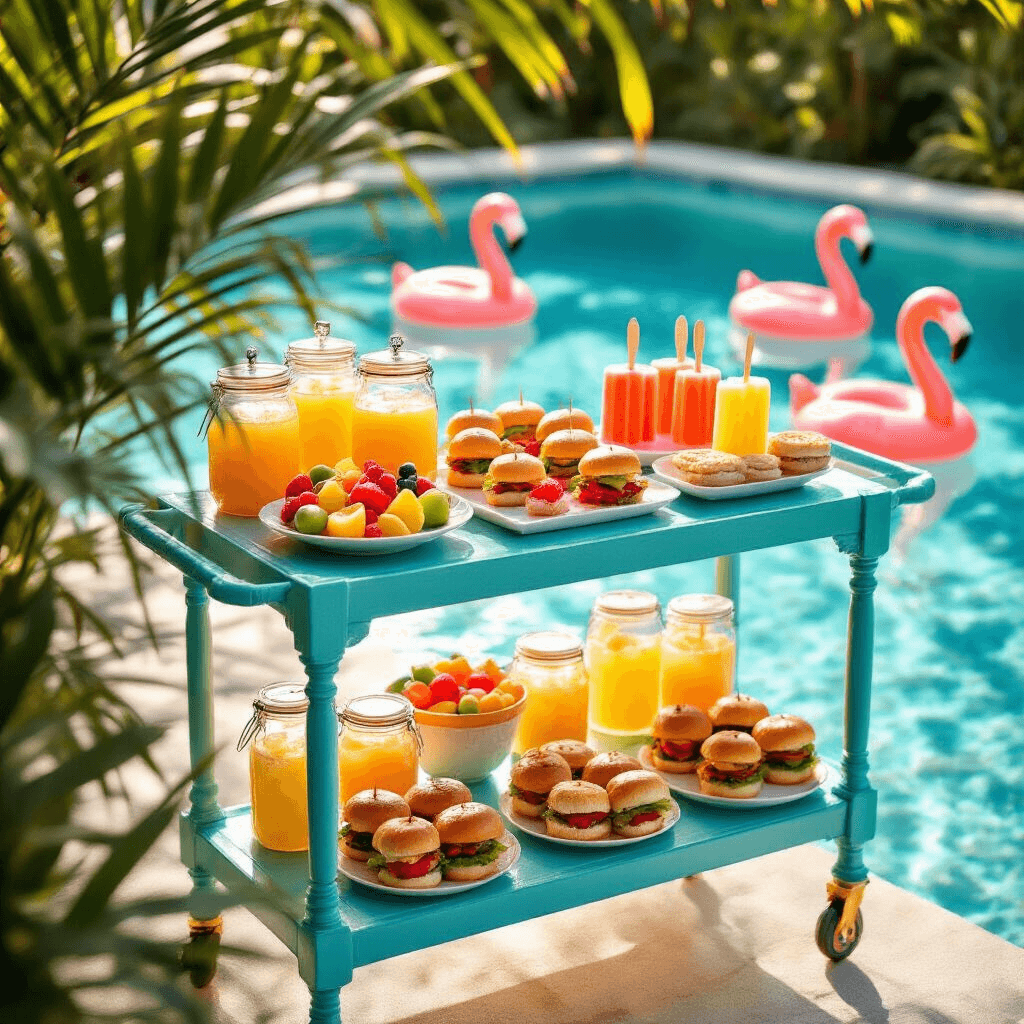 A vibrant poolside snack station featuring an aqua and coral serving cart filled with colorful treats, including fruit skewers and mini sliders, framed by tropical palm leaves, with inflatable flamingos in the clear pool and mason jars of iced lemonade reflecting golden hour light.