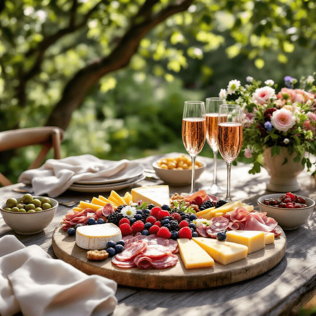 A close-up of a rustic wooden table set for an intimate garden party, featuring a beautifully arranged charcuterie board with cheeses, cured meats, fresh berries, and edible flowers, surrounded by bowls of olives, nuts, and homemade dips, with pastel linen napkins and sparkling rosé in delicate flutes, illuminated by soft morning light.