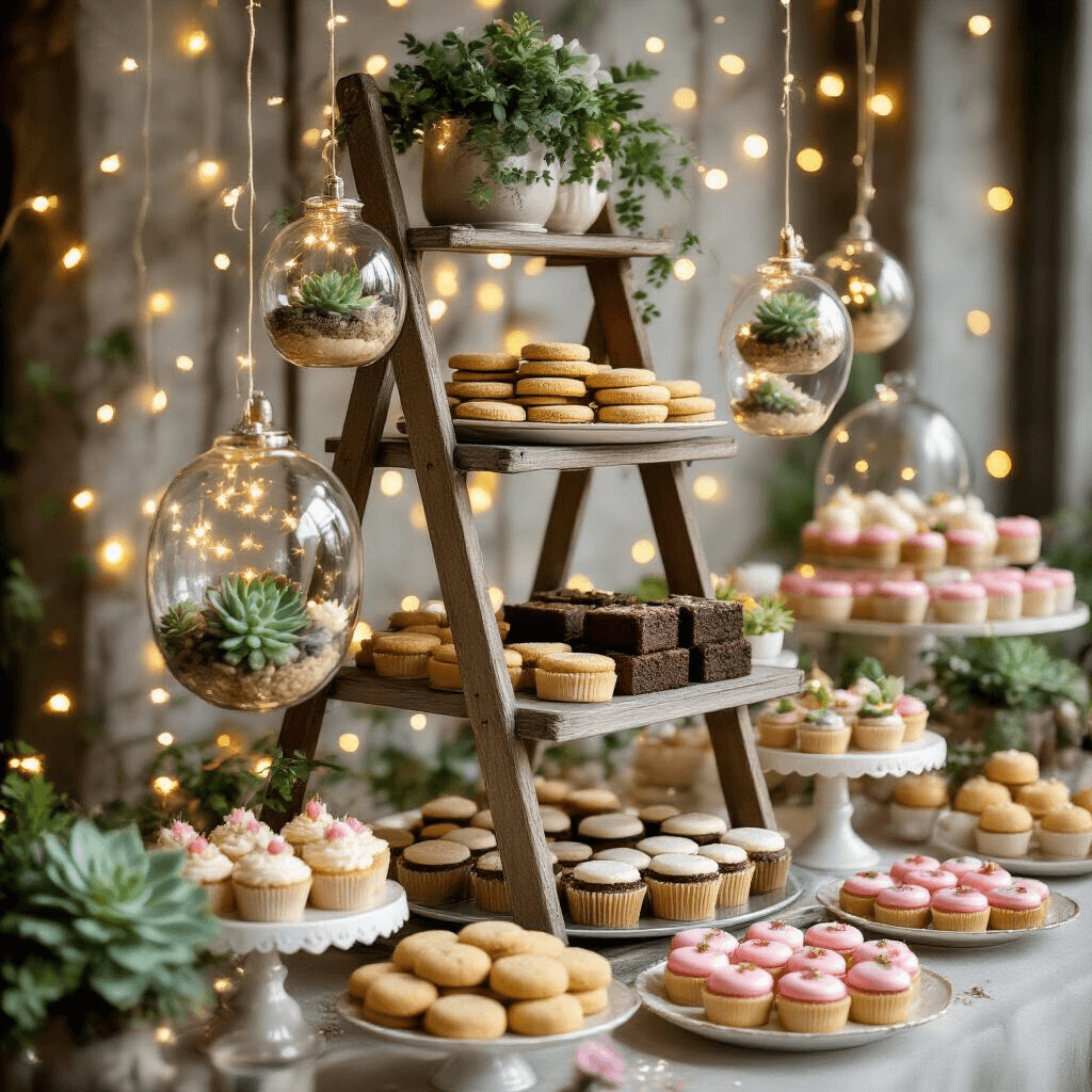 A whimsical dessert display featuring a vintage ladder as a tiered stand for cookies, brownies, and fruit tarts, adorned with hanging glass terrariums and fairy lights, set against a backdrop of twinkling lights in soft pastels and gold accents.
