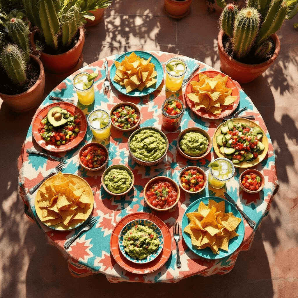 An overhead shot of a Tex-Mex inspired table setting on a sunlit patio, featuring a geometric print tablecloth, colorful plates with chips and salsas, mason jars of margaritas, and cacti in painted pots, all highlighted by strong midday shadows.