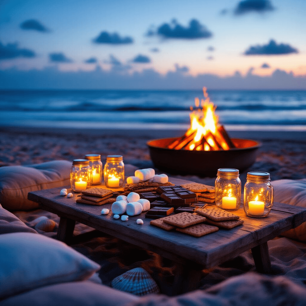 A cozy beachfront bonfire setup at twilight featuring a low table with plush floor cushions and an array of s'mores ingredients, illuminated by mason jars filled with fairy lights, with a crackling fire pit in the background, framed by driftwood and seashells against a deep blue sky.
