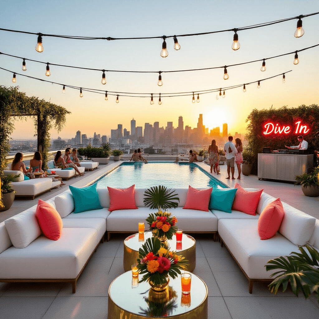 A chic rooftop pool party oasis at golden hour, featuring a sleek infinity pool overlooking the city skyline, stylish lounge areas with white sofas and vibrant pillows, crisscrossed Edison bulb lighting, and guests mingling with colorful cocktails.