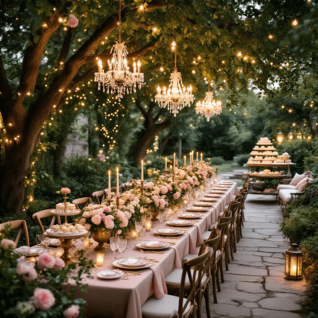 An overhead view of an enchanting garden soirée featuring long farm tables under fairy-lit trees, elegantly set with floral china, gold flatware, and crystal stemware on blush linen runners, adorned with lush floral centerpieces in antique brass vessels, vintage chandeliers casting a romantic glow, and a dessert cart filled with tiered cakes and petit fours, with twinkling lanterns lining stone pathways to cozy seating areas.