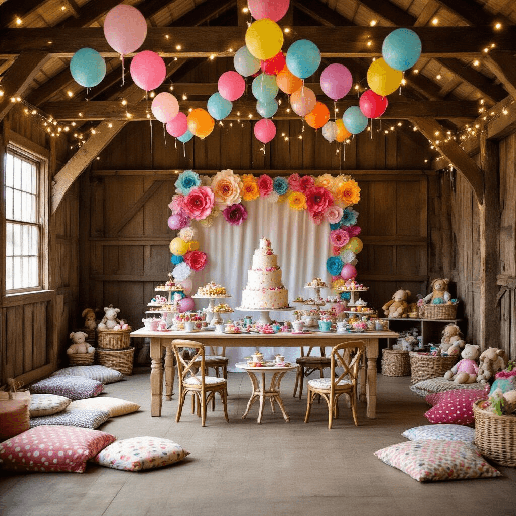 A whimsical birthday party setup inside a rustic barn, featuring colorful balloon garlands, twinkling fairy lights, a towering cake on a central table surrounded by candy-colored desserts, low tables with tea party setups and stuffed animals, a DIY photo booth with oversized paper flowers, and cozy story corners with patterned floor cushions.