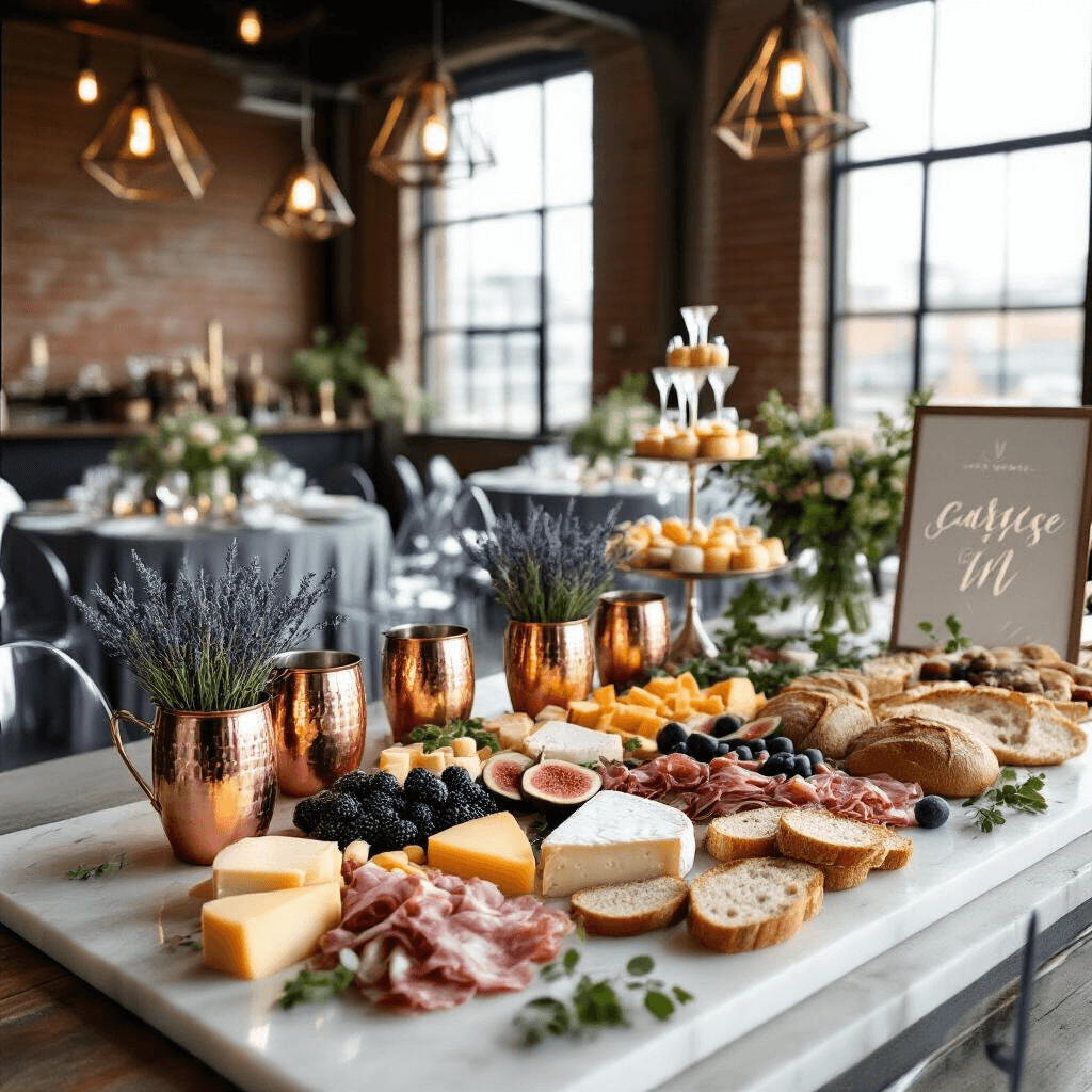 A close-up of a sophisticated cocktail engagement party grazing table featuring a pale marble slab with charcuterie, local cheeses, fresh figs, and artisanal breads, adorned with copper Moscow mule mugs holding lavender and eucalyptus. A champagne tower glimmers in soft lighting from geometric pendant lamps, while ghost chairs and smoky gray linens accentuate high-top tables, and a custom acrylic sign with the couple's monogram leans against exposed brick.