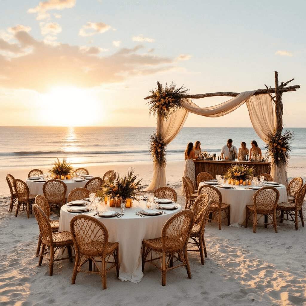 Aerial view of a boho-chic wedding reception on a sun-kissed beach, featuring circular tables with gauzy white linens, rattan peacock chairs, driftwood centerpieces, and mismatched glass votives, with a driftwood arch framing the ocean at sunset.