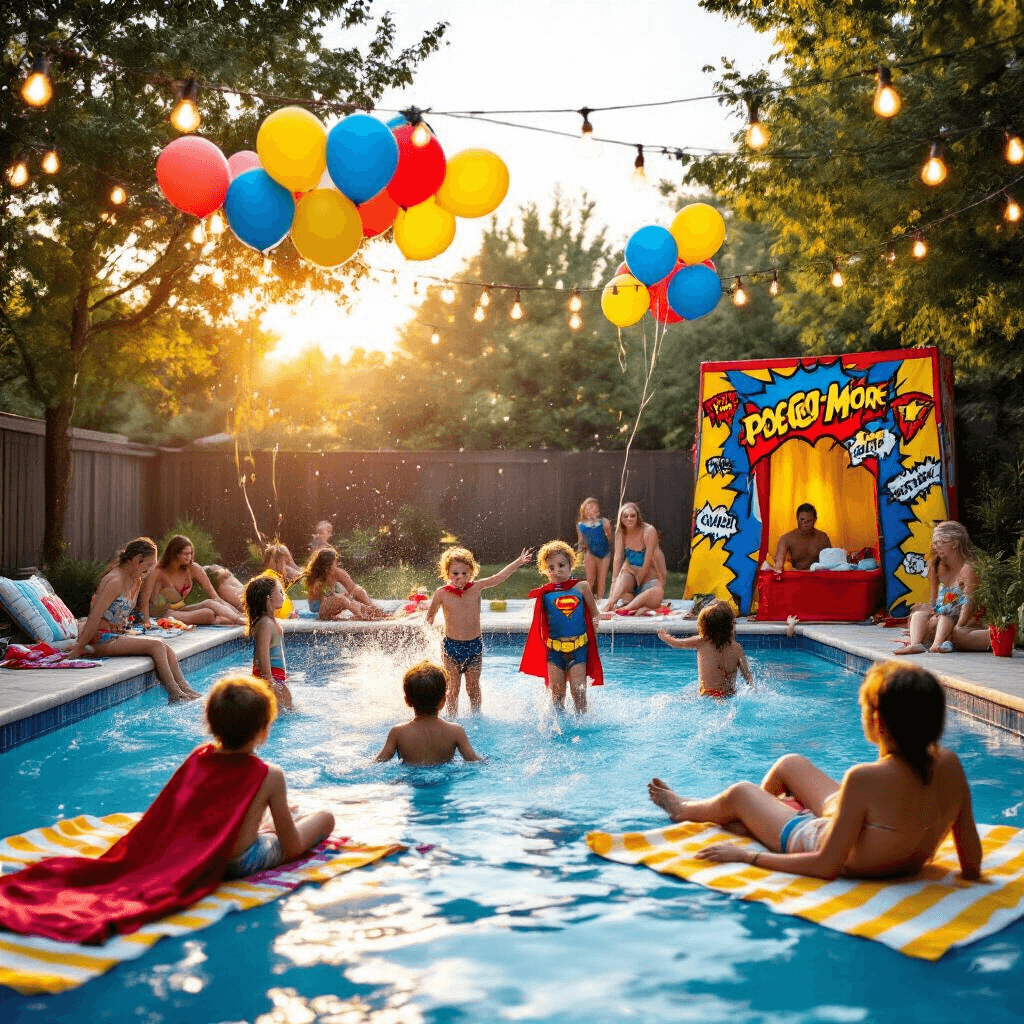 A lively backyard pool party during golden hour, featuring kids in colorful superhero capes splashing in a pool surrounded by comic book balloons. Parents relax on aqua and yellow towels, while a rescue mission game takes place by a photo booth with a red and blue backdrop. Fairy lights overhead create a magical ambiance, illuminating the shimmering water and joyful faces.