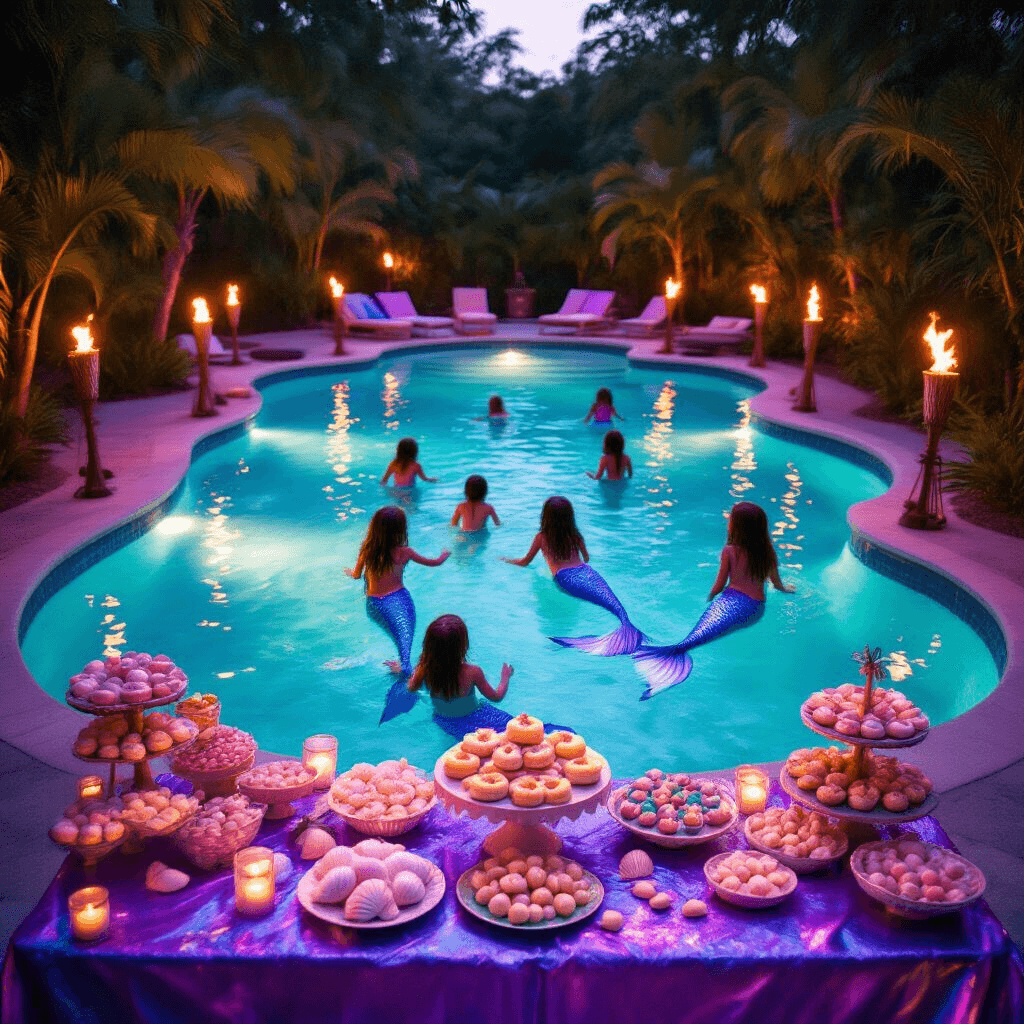 An enchanting mermaid-themed pool party at dusk, featuring children swimming in shimmering mermaid tails around an illuminated pool, surrounded by tiki torches and shell decorations, with a treasure hunt on iridescent-draped tables and a dessert cart overflowing with sea-inspired treats.