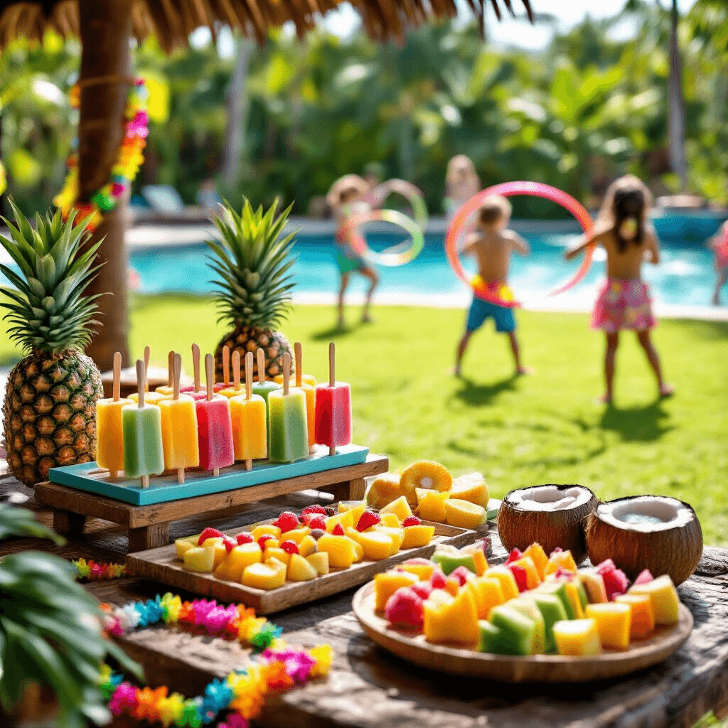 A vibrant tropical luau poolside celebration showcasing a colorful snacks station with a rainbow popsicle bar and fruit kebabs, framed by pineapple decorations and leis. Children enjoy a hula hoop contest on green grass, while tiki-style refreshments in coconut cups enhance the festive atmosphere.