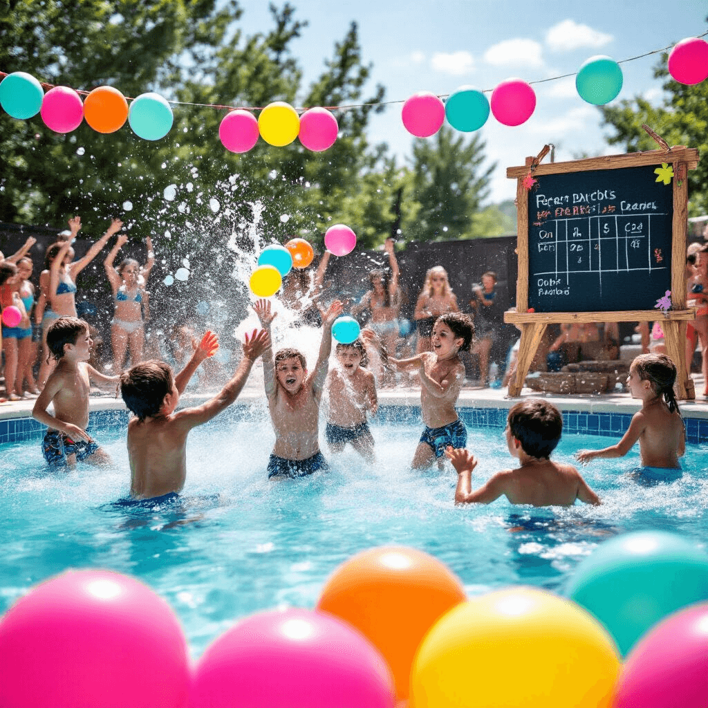 A vibrant pool party scene with kids in mid-water balloon battle, colorful droplets flying through the air, inflatable targets in clear water, cheering spectators at the edge, and a driftwood and chalkboard scoreboard, all framed by hot pink and aqua balloons.