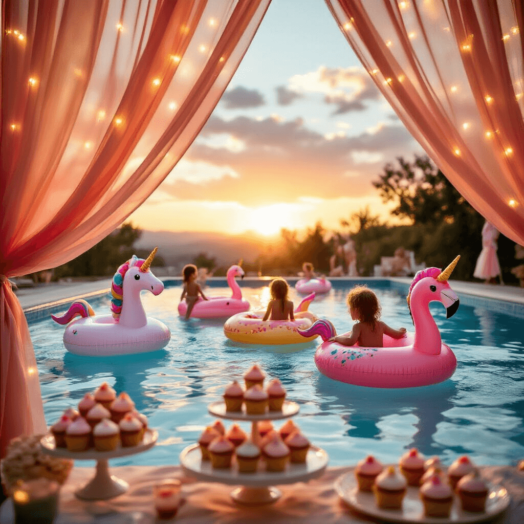 A vibrant sunset pool party scene with children gliding on whimsical inflatables, fairy lights shimmering on the water, a dessert table of sparkling cupcakes, and sheer coral and gold drapery in the background.